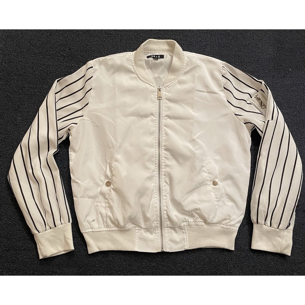 Bomber Jacket Women's Large White Black Stripe‎ Polyester Long Sleeve Full Zip